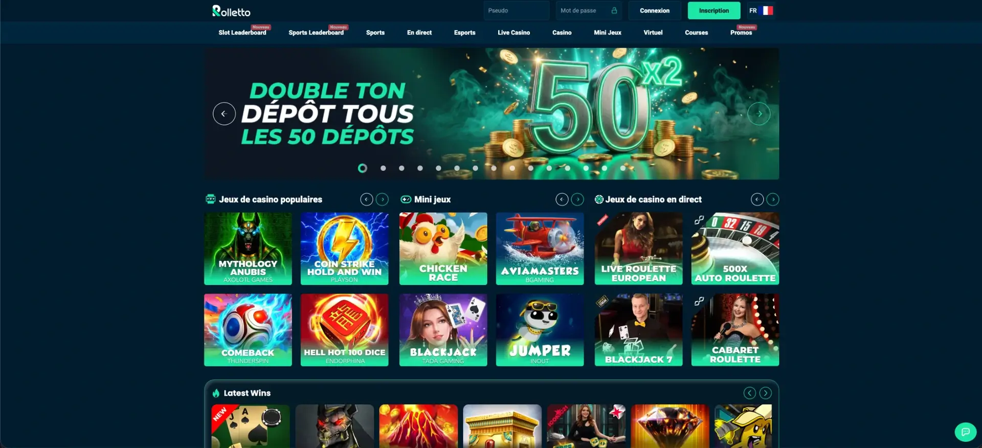 Page d'accueil et interface de Rolletto casino
